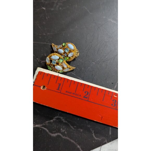 Vintage Gold-Tone Clip-On Earrings W/ White Opalescent & Green Rhinestones Tear - Picture 7 of 8